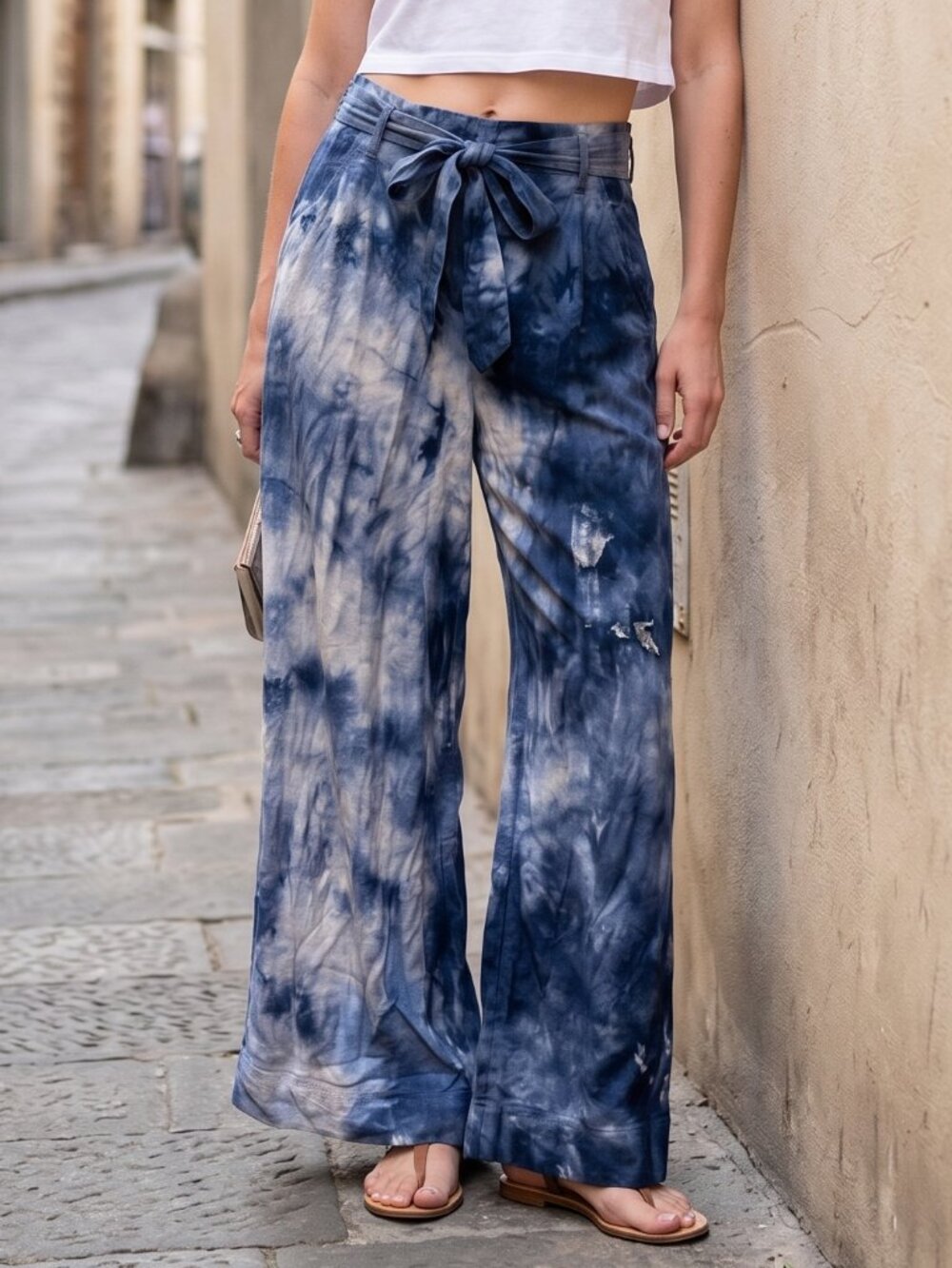 H&M Tie Dyed Cotton Black Pants Blue Size 8  Wide Legged Trousers Slacks Cotton